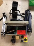 A COLLECTION OF CAMERA LENSES, ACCESSORIES, AND CAMERA STANDS/TRIPODS. INCLUDING A KOBORON ZOOM
