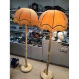 TWO VINTAGE WOODEN STANDARD LAMPS WITH ORNATE SHADES