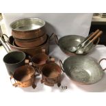 MIXED VINTAGE COPPER AND PEWTER COOKWARE OF MOSTLY POTS.