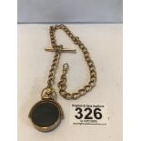 YELLOW METAL GENTS WATCH CHAIN WITH GOLD SPINNING FOB STAMPED 10CT, 54G GROSS