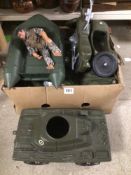 LARGE BOX OF ACTION MEN DOLLS, PARTS, AND ACCESSORIES FIVE DOLLS, MOTORBIKE, SIDECAR, AND MORE