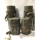 VINTAGE GERMAN ITEMS TWO ALUMINUM WATER CANTEENS/MUG SETS WITH TWO GAS MASKS CANISTERS