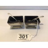 PAIR HALLMARKED SILVER RECTANGULAR PEDESTAL SALTS WITH SPOONS, BIRMINGHAM, 1924, 70G