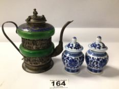 EARLY CHINESE CLOISONNE TEAPOT WITH TWO MINIATURE BLUE AND WHITE VASES