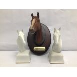 TWO ROYAL WORCESTER HORSE BUSTS, PYROEIS, EOUS, 14CM ALSO THE MINSTREL PLAQUE