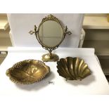 VINTAGE BRASS TABLE MIRROR 39CM WITH A BRASS BOWL DECORATED WITH FRUIT AND A SHELL SHAPED BRASS
