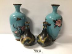 TWO PAIRS OF JAPANESE CLOISONNE VASES, THE LARGEST 18CM A/F
