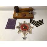 GAVEL AND STAND WITH MILITARY BADGES AND MORE