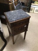 CONTINENTAL CARVED WOODEN BEDSIDE CHEST WITH A MARBLE TOP