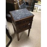 CONTINENTAL CARVED WOODEN BEDSIDE CHEST WITH A MARBLE TOP