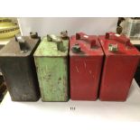 FOUR VINTAGE PETROL CANS 1943 ONWARDS ALL WITH BRASS TOPS