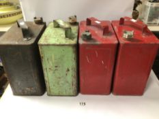 FOUR VINTAGE PETROL CANS 1943 ONWARDS ALL WITH BRASS TOPS