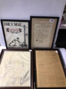 SIGNED CARICATURE FRAMED AND GLAZED WITH DAILY MAIL ITEMS, AND A 1882 INVOICE WITH ORIGINAL STAMP,