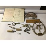 MIXED ITEMS R.A.F CERTIFICATE OF SERVICE, VINTAGE RULER AND MORE