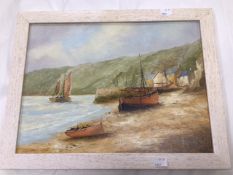 KEN HAMMOND 1890'S FISHING BOATS AT CLOVELEY SIGNED AND FRAMED 45.5 X 35.5CM