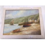 KEN HAMMOND 1890'S FISHING BOATS AT CLOVELEY SIGNED AND FRAMED 45.5 X 35.5CM
