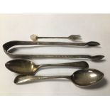 HALLMARKED SILVER SUGAR TONGS, TWO HALLMARKED SILVER TEASPOONS WITH A HALLMARKED SILVER DESSERT FORK