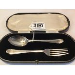 CASED HALLMARKED SILVER CHRISTENING SPOON/FORK SET, 38G