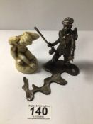 WHITE METAL FIGURE FISHING,11CM WITH AN EARLY 19TH CENTURY CERAMIC MONKEY WITH A FROG ON ITS