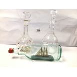 VINTAGE SHIP IN BOTTLE WITH TWO DECANTERS