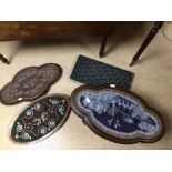 THREE VICTORIAN WOODEN FOOTSTOOLS WITH BEADED WORK, ALSO SMALL OCCASIONAL BEADED TOP TABLE