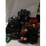 QUANTITY OF VINTAGE CAMERAS, BINOCULARS AND ACCESSORIES NETTAR, OLYMPUS AND MORE