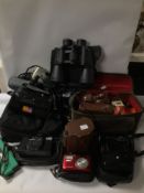 QUANTITY OF VINTAGE CAMERAS, BINOCULARS AND ACCESSORIES NETTAR, OLYMPUS AND MORE