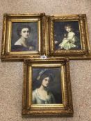 THREE GILDED OILIGRAPHS OF LADIES IN ORNATE FRAMED 31 X 37CM