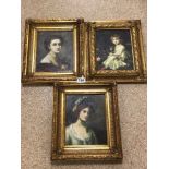 THREE GILDED OILIGRAPHS OF LADIES IN ORNATE FRAMED 31 X 37CM