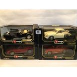 FOUR BOXED BBURAGO DIE-CAST CARS SCALE 1/20