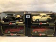 FOUR BOXED BBURAGO DIE-CAST CARS SCALE 1/20