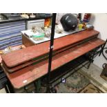 THREE VINTAGE WOOD AND METAL TABLE/BENCHES, 220CM