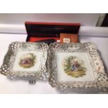 ROYAL CROWN DERBY BOXED CAKE PLATE WITH TWO 19TH CENTURY DRESDEN RIBBON PLATES