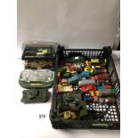 TWO BOXED VINTAGE SCALEXTRIC CARS WITH PLAY WORN DIE-CAST VEHICLES, DINKY, MATCHBOX AND MORE