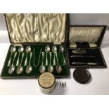PART HALLMARKED SILVER MANICURE SET WITH A CANTEEN OF SCOTTISH THISTLE SPOONS AND MAP WEB PLATE