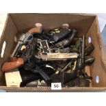 BOX OF TOY AND REPLICA GUNS, MOSTLY AND HOLSTERS SOME A/F. INCLUDES 007 P99 WALTHER, BB PELLET (0.