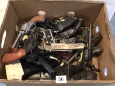 BOX OF TOY AND REPLICA GUNS, MOSTLY AND HOLSTERS SOME A/F. INCLUDES 007 P99 WALTHER, BB PELLET (0.