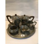 ART DECO STYLED PEWTER TEA AND COFFEE SET WITH TRAY, ONE STAMPED OLD ENGLISH KNIGHTHOOD