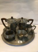 ART DECO STYLED PEWTER TEA AND COFFEE SET WITH TRAY, ONE STAMPED OLD ENGLISH KNIGHTHOOD