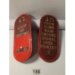TWO PAINTED CAST IRON SOUTHERN RAILWAY SIGNAL LEVER PLATE NUMBER 15 AND 17 MARKED ‘S.R.T.H & S’ ON