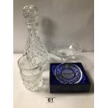 FOUR MIXED GLASS ITEMS, ALL WATERFORD CRYSTAL AND A CONICAL DECANTER, 27CM