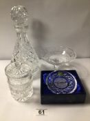 FOUR MIXED GLASS ITEMS, ALL WATERFORD CRYSTAL AND A CONICAL DECANTER, 27CM