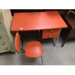 VINTAGE CHROME AND ORANGE DESK WITH TWO DRAWERS WITH MATCHING CHAIR