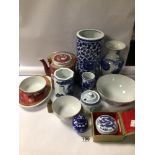 MIXED COLLECTION OF MOSTLY CHINESE AND THAI PORCELAIN WARE, INCLUDING VASES, BOWLS, TEAPOTS, JARS,