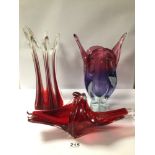THREE PIECES OF MURANO-STYLED ART GLASS INCLUDING VASES AND A DISH. LARGEST BEING 35CM IN HEIGHT