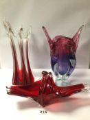 THREE PIECES OF MURANO-STYLED ART GLASS INCLUDING VASES AND A DISH. LARGEST BEING 35CM IN HEIGHT