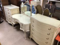 LOUIS STYLE BEDROOM SUITE, DRESSING TABLE WITH TRIPLE MIRROR, WITH TWO FIVE DRAWER CHEST