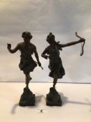 A SIGNED PAIR OF PFEFFER (1885-1954) SPELTER BRONZED FIGURINES ‘ACTEON’ AND ‘DIANE’. BOTH BEING 28CM