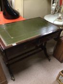 VINTAGE DROP ENDS SOFA TABLE WITH GREEN LEATHER TOP WITH TWO DRAWERS, 94 X 56CM