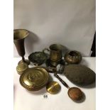 MIXED COPPER AND BRASS ITEMS, MARGARET ROSE COMPACT, FLASK AND MORE